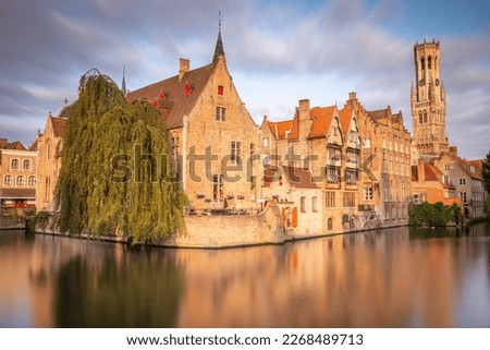 Flemish and ornate architecture of Bruges with canal, Flanders, Belgium