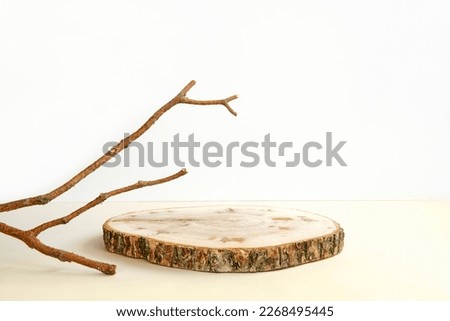 Wooden Podium with Bark. Real Wood Slab. Empty Round Natural Form. Pedestal for Showing Product, Eco Organic Cosmetic, Jewelry. Trendy Minimal Style Mock Up Presentation. Neutral Studio Background. 3d