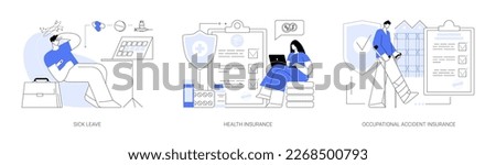 Social insurance abstract concept vector illustration set. Sick leave, health insurance, occupational accident coverage, industrial accident, paid days, medical expenses, healthcare abstract metaphor. Royalty-Free Stock Photo #2268500793