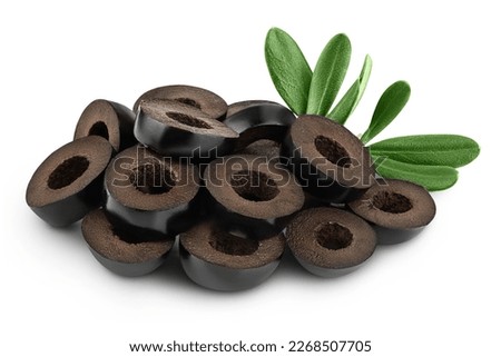 Black olive slices isolated on a white background with full depth of field.