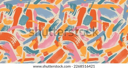 Colorful abstract brush stroke painting seamless pattern illustration. Modern paint line background in fun summer color. Messy graffiti sketch wallpaper print, freehand rough hand drawn texture. Royalty-Free Stock Photo #2268516421
