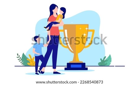 Best mother award - Mom with two kids being appreciated with big trophy. Great parenting concept, flat design vector illustration with white background
