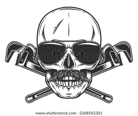 Skull in sunglasses with mustache with construction wrench for gas and builder plumbing pipe or body shop mechanic spanner repair tool in monochrome style isolated vintage vector illustration