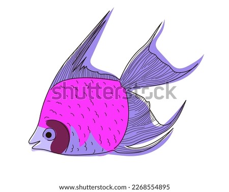 Drawing of bright fish in doodle style. Vector illustration of a fish in pink and lilac colors isolated on a white background.