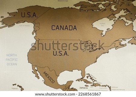 Travel scratch map, view of Canada and USA. Royalty-Free Stock Photo #2268561867