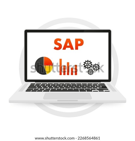 SAP Business process automation software on laptop screen. Different graphic icons. Business automation software. Vector illustration