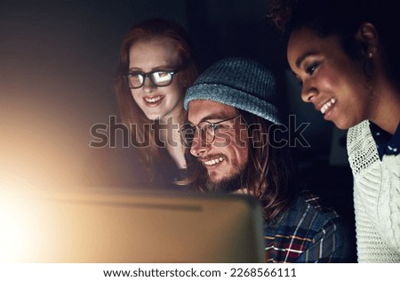 Startup, office computer and happy people reading web design code, cloud computing software or app UI system. Website SEO, social media data review or face of night team collaboration on UX interface