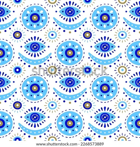 Background of Turkish evil eye symbols. Ethnic style blue greek protection from the spoilage signs with golden details. EPS 10 vector seamless pattern for wrapping paper, textile, package print Royalty-Free Stock Photo #2268573889