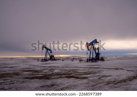 Oil pump jacks running at dusk