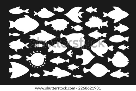 Fish abstract tropical silhouette set. Modern trendy exotic aquarium animals shape, cartoon nautical illustration. Various simple freshwater, sea fishes stylish shadow vector drawing decor collection