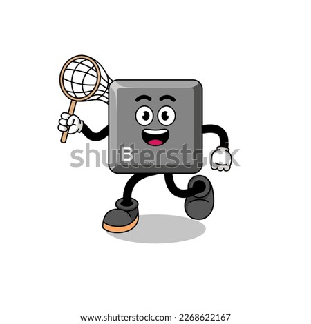 Cartoon of keyboard B key catching a butterfly , character design