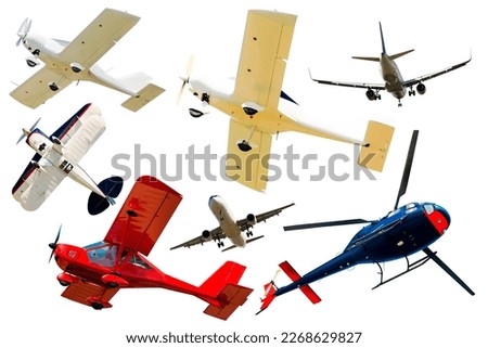 Passenger airplanes, gliders, gyroplanes, sports light aircraft isolated on white background