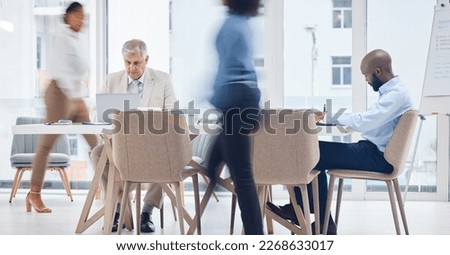 Corporate, busy and motion blur with business people in an office boardroom for planning or strategy. Meeting, management or walking with a man and woman employee group rushing to attend a workshop