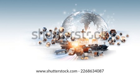 Smart logistics and transportation Concept, Transportation and logistic network distribution growth. Container cargo ship and trucks of industrial cargo freight for import export concept Royalty-Free Stock Photo #2268634087