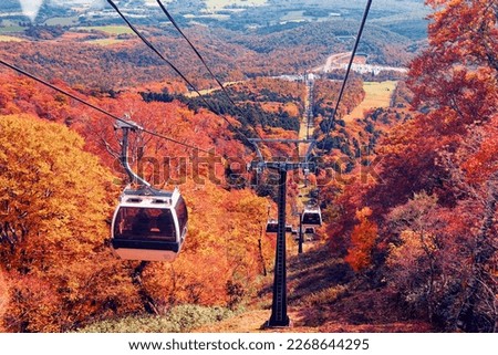 Scenery of Nasu Gondola gliding among beautiful fall colors on the hillside of Mountain Jeans, which is famous for leaf-peeping in autumn and skiing in winter, in Nasu, Tochigi Prefecture, Japan Royalty-Free Stock Photo #2268644295