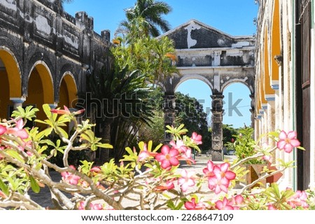 Courtyard with arches, palm trees and flowers at the Hacienda de Yaxcopoil located in Yucatan, Mexico.