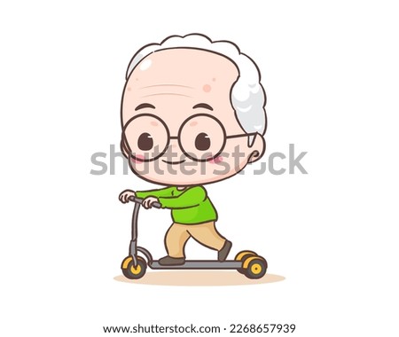 Cute grandfather or old man cartoon character. Grandpa ride scooter. Kawaii chibi hand drawn style. Adorable mascot vector illustration. People Family Concept design