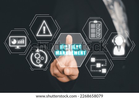 Incident Management process Business Technology concept, Business person hand touching incident management icon on virtual screen. Royalty-Free Stock Photo #2268658079