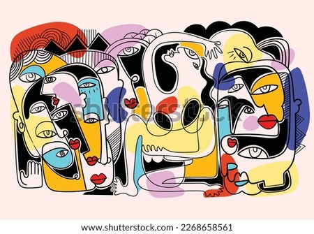 Large group of various people abstract face portrait hand drawn, shapes, line, doodle and colorful vector illustration. Modern design for wall art, home decoration, cover, poster, cards and prints.