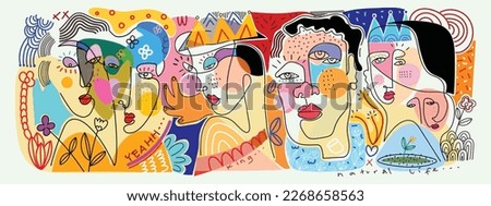 Large group of various people abstract face portrait hand drawn, shapes, line, doodle and colorful vector illustration. Modern design for wall art, home decoration, cover, poster, cards and prints. Royalty-Free Stock Photo #2268658563