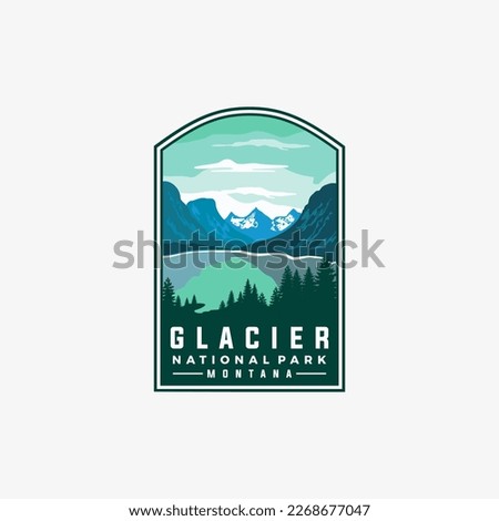 Glacier national park vector template. Montana landmark graphic illustration in badge emblem patch style. Royalty-Free Stock Photo #2268677047