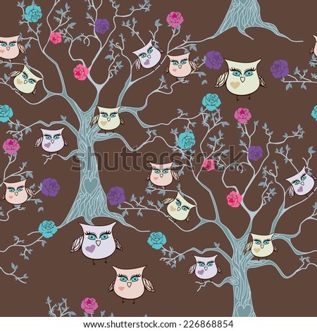 floral seamless pattern with owl and flowers