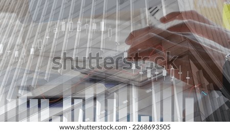 Image of data processing over hands using computer in office. Global business and digital interface concept digitally generated image.