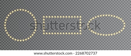 Light frame set. Gold bulb border. Lamp golden circle, square banner. Retro neon wall billboard. Cinema, casino design element. Glitter luxury decoration. Mirror background. Vector illustration. Royalty-Free Stock Photo #2268702737