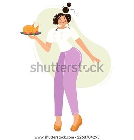Woman serving turkey or chicken. A cute girl is holding a tray with an idea or a chicken. Vector isolated illustration. Cartoon flat style. Avatar, thanksgiving icon. Cooking art clip, template.