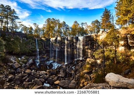 waterfall in forest with blue sky surrounded by trees in mexiquillo durango  Royalty-Free Stock Photo #2268705881