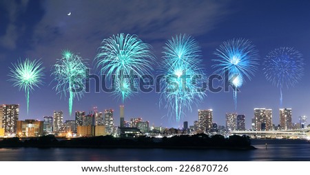 Fireworks celebrating over Odaiba, Tokyo cityscape at night, Japan