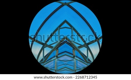 Blurred background illustration of arch steel structure shapes in blue spherical globe on black background. 