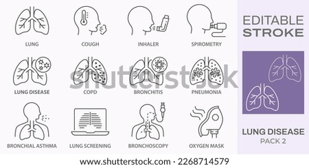 lung disease icons, such as copd, cough, bronchitis, spirometry and more. Editable stroke. Royalty-Free Stock Photo #2268714579