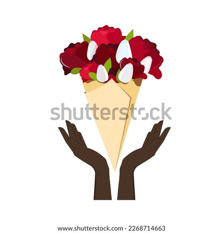 A bouquet of flowers, red peonies and white tulips held by a woman's hands. Flat style. 