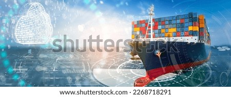 Futuristic Cargo ship with Clouds data icon technology Container ship in  ocean sea concept transportation logistic. Big Cloud storage Technology Big Data Logisitcs transportation digital internet. Royalty-Free Stock Photo #2268718291