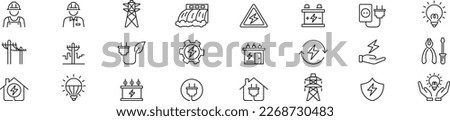 Electricity set of icons. Vector icons in flat linear. Royalty-Free Stock Photo #2268730483