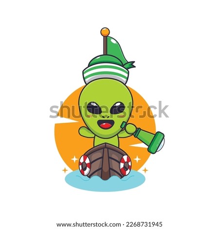 Cute alien alien on the boat. Cartoon vector Illustration suitable for poster, brochure, web, mascot, sticker, logo and icon.