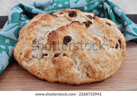 One homemade, fresh loaf of Irish Soda Bread with raisins.  Macro Royalty-Free Stock Photo #2268733941