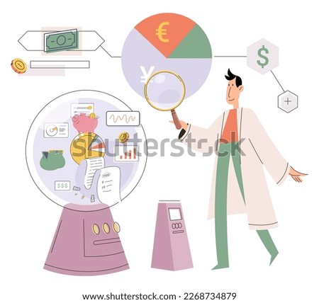 Businessman analyzing stock market data, planning investment strategy. Character investing money. Man analyzing financial graphs and diagrams, calculate or research for market growth, financial report