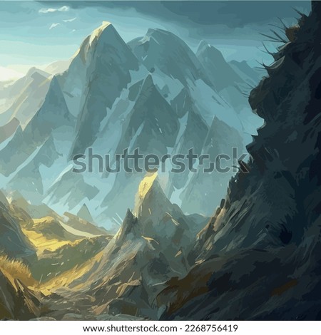 Realistic illustration mountain landscape with a hill forest with coniferous trees, under blue winter sky with space for text. Gray mountains forest retro vintage vector background illustration.
