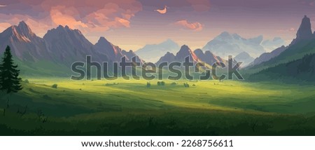 Panoramic view of big mountains, beautiful green meadows. Flat cartoon landscape with nature. Summer or spring landscape. Travel posters. Natural park or forest outdoor background with mountains