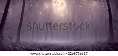 misty forest. Dark tree silhouette. Tree tricks in the blue mist. Fog in the night forest vector illustration banner. Spooky forest with full moon and floor. Without leaves and branches of autumn. Royalty-Free Stock Photo #2268756617
