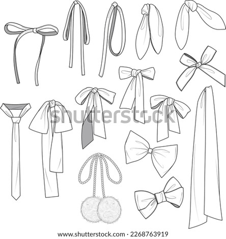A set of sketched bows and ribbons. 
A bunch of hand-drawn ribbons.
Hand-drawn ribbon and tie vector drawings for clothes and fashion items.