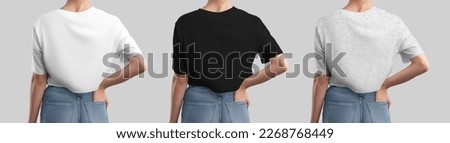 White, black, heather crop top mockup on girl with hand in pocket, oversize t-shirt for design, print, advertising, back view. Set of fashion women's clothing, textured shirt isolated on background.