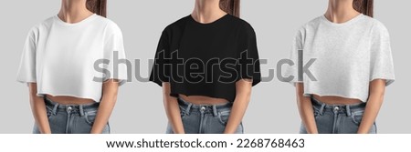 Mockup of white, black, heather crop top on girl, set of fashion clothes for design, print, pattern, front view. Template texture wear, free cut t-shirt, women's shirt isolated on background.