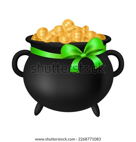 Black pot of gold coins with green festive bow. Four leaf clover golden coins. For Saint Patrick's day. Lucky shamrock money. Leprechaun treasure in the cauldron. Fortune talisman. 