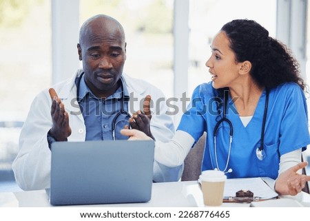 Healthcare, crisis and doctors argue, stress or panic on laptop, calendar or surgery schedule fail at hospital. Clinic, chaos and black woman angry, frustrated and shout at colleague online mistake Royalty-Free Stock Photo #2268776465
