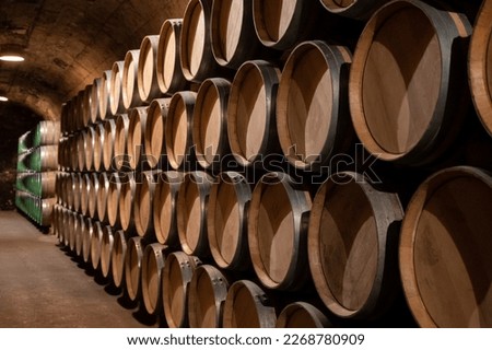 Old french oak wooden barrels in underground cellars for wine aging process, wine making in La Rioja region, Spain Royalty-Free Stock Photo #2268780909