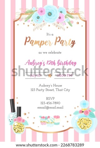 Pamper birthday party invitation template. Beautiful pink striped background with golden frame, flowers and sparkling nail polish bottles. Vector illustration 10 EPS. Royalty-Free Stock Photo #2268783289