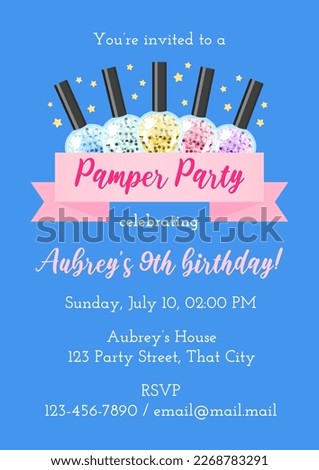 Pamper birthday party invitation template. Cartoon illustration of five sparkling colorful nail polish bottles. Vector 10 EPS. Royalty-Free Stock Photo #2268783291